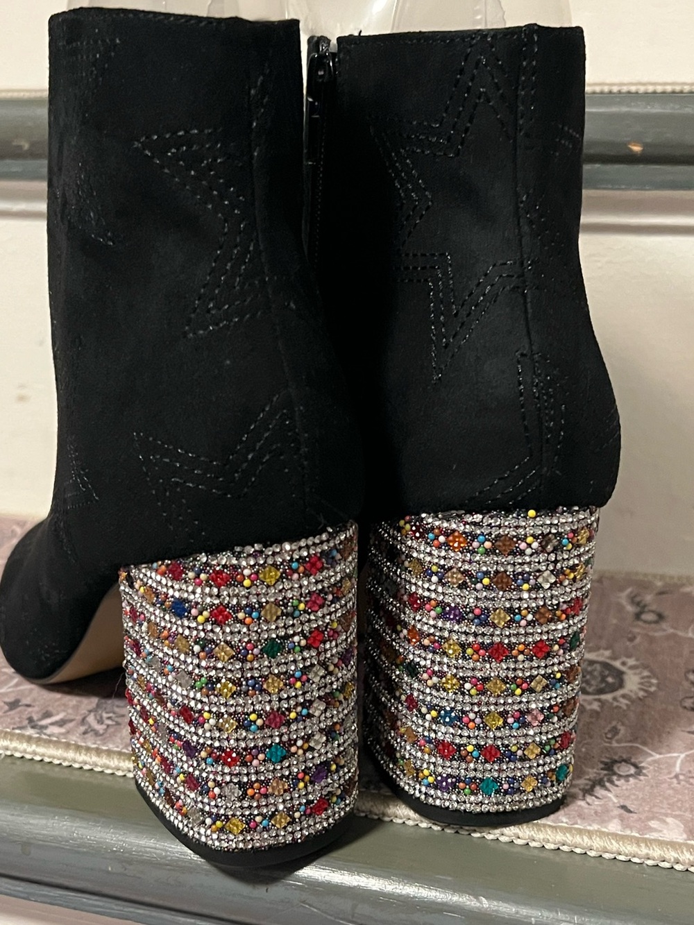 Betsey Johnson Black Star Embroidered Ankle Boots with Beaded Block Heel - Picture 4 of 7